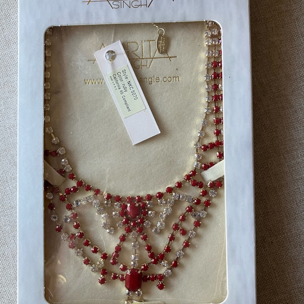 New In Box Amrita Singh Red and Rhinestone Necklace